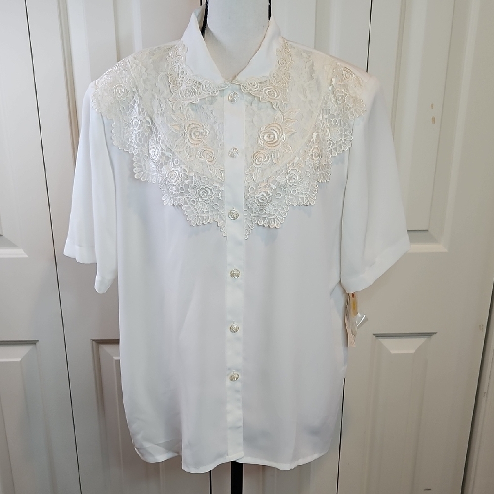 Vintage Kathy Che White Blouse Button Down 14 New Floral Lace